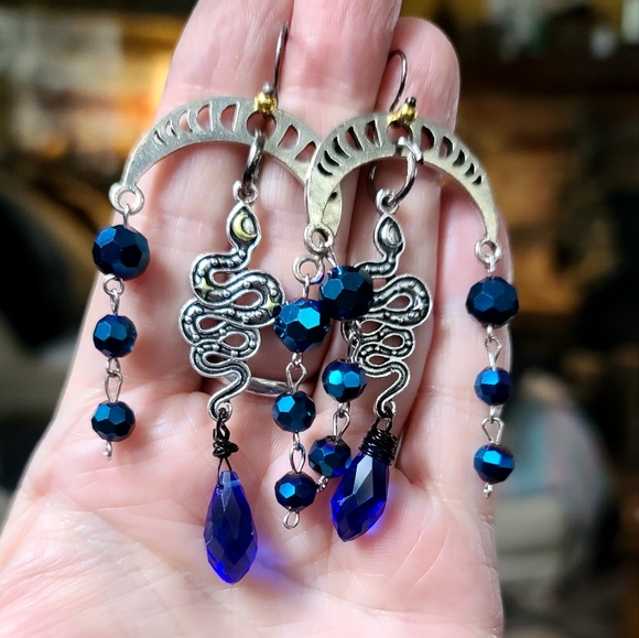 Fun Moonphase serpent π &vintage venetian midnight gem earrings - Picture 9 of 10